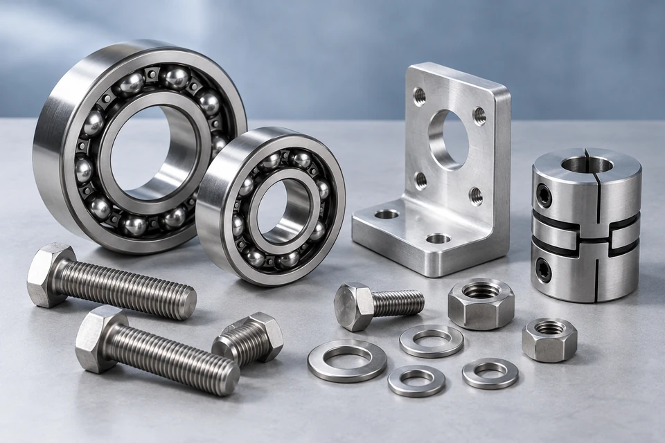 Illustrative example of metal ball bearings, an aluminium bracket, a shaft coupling and stainless-steel fasteners.
