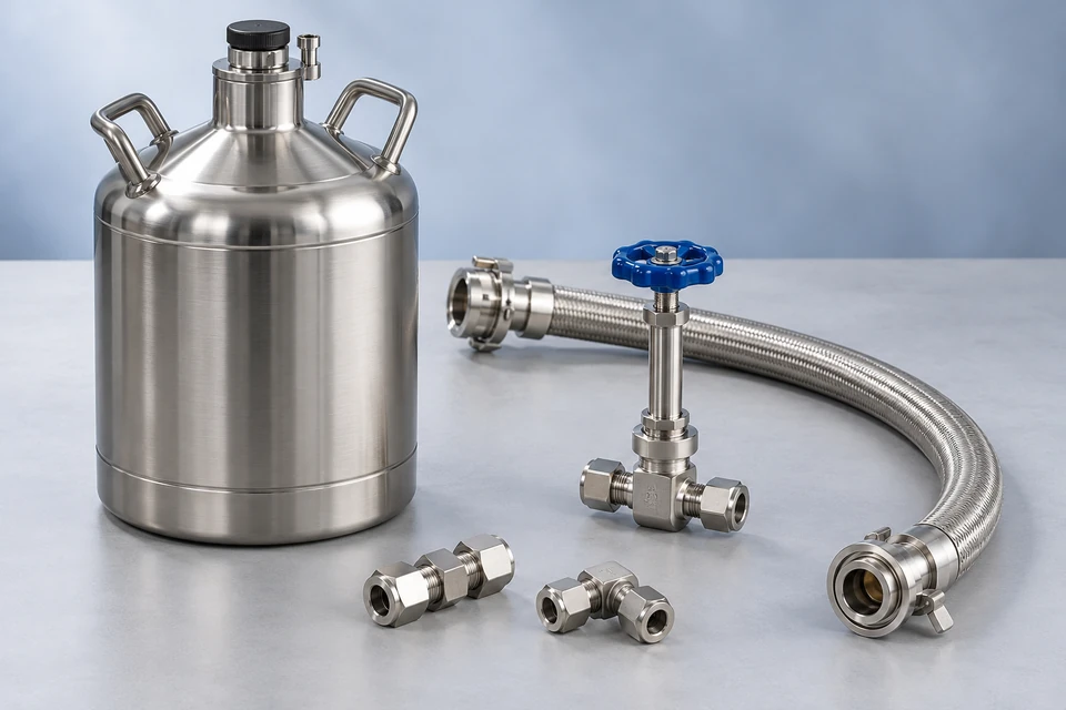 Illustrative example of a stainless-steel dewar, a transfer hose, an extended-bonnet valve with a blue handwheel and tube fittings.