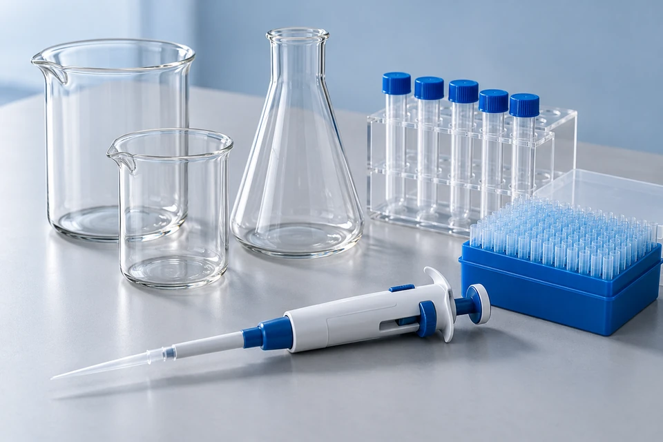 Illustrative example of laboratory glassware, a blue and white micropipette, pipette tips and capped sample tubes.