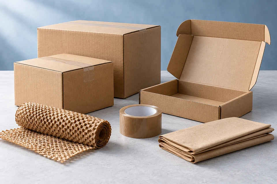 Illustrative example of kraft shipping cartons, an open mailer box, packing tape and protective paper.